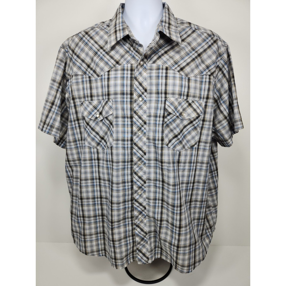 Wrangler Mens Size 2XL  Western Fashion Plaid‎ Pearl Snap Short Sleeve Shirt